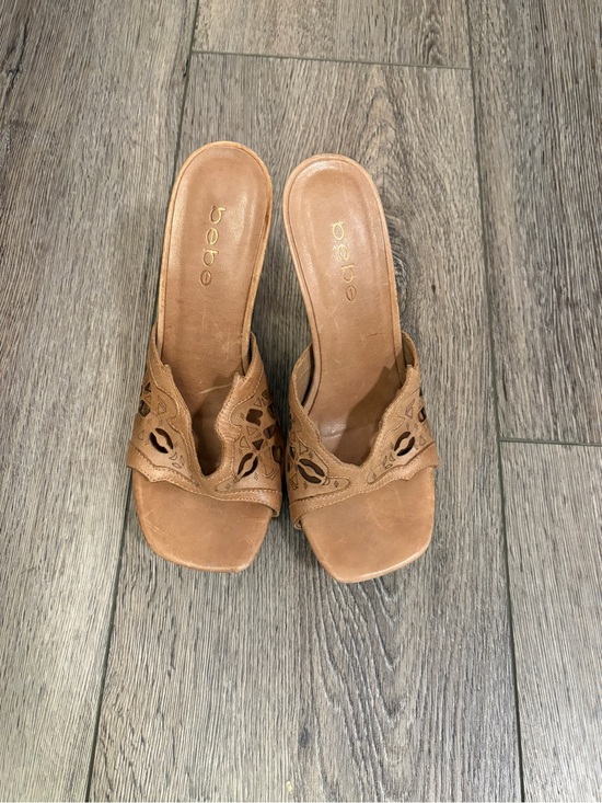 bebe Shoes - bebe Cognac Brown Leather Cutout Slide Mules